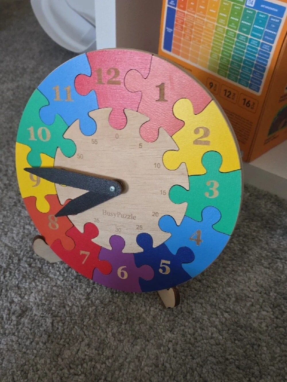 Rainbow Puzzle Clock Learning Toy - Colorful Wooden Time Teaching Clock
